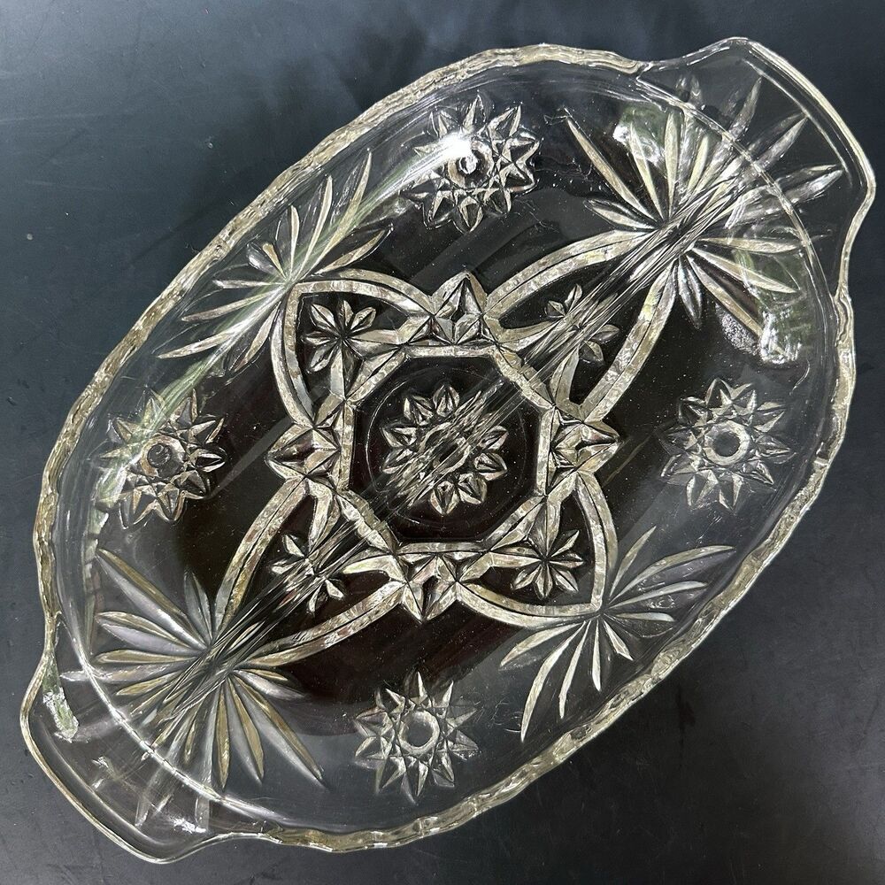 Vtg Anchor Hocking Pressed Glass Star of David Divided Oval Relish/Olive Dish